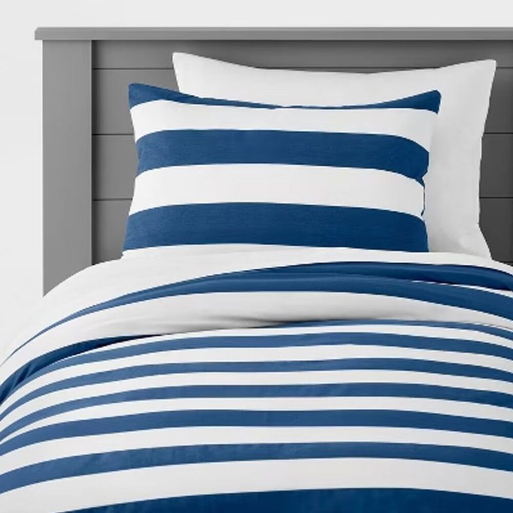 Full/Queen Rugby Striped Kids' Duvet Cover Navy - Pillowfort